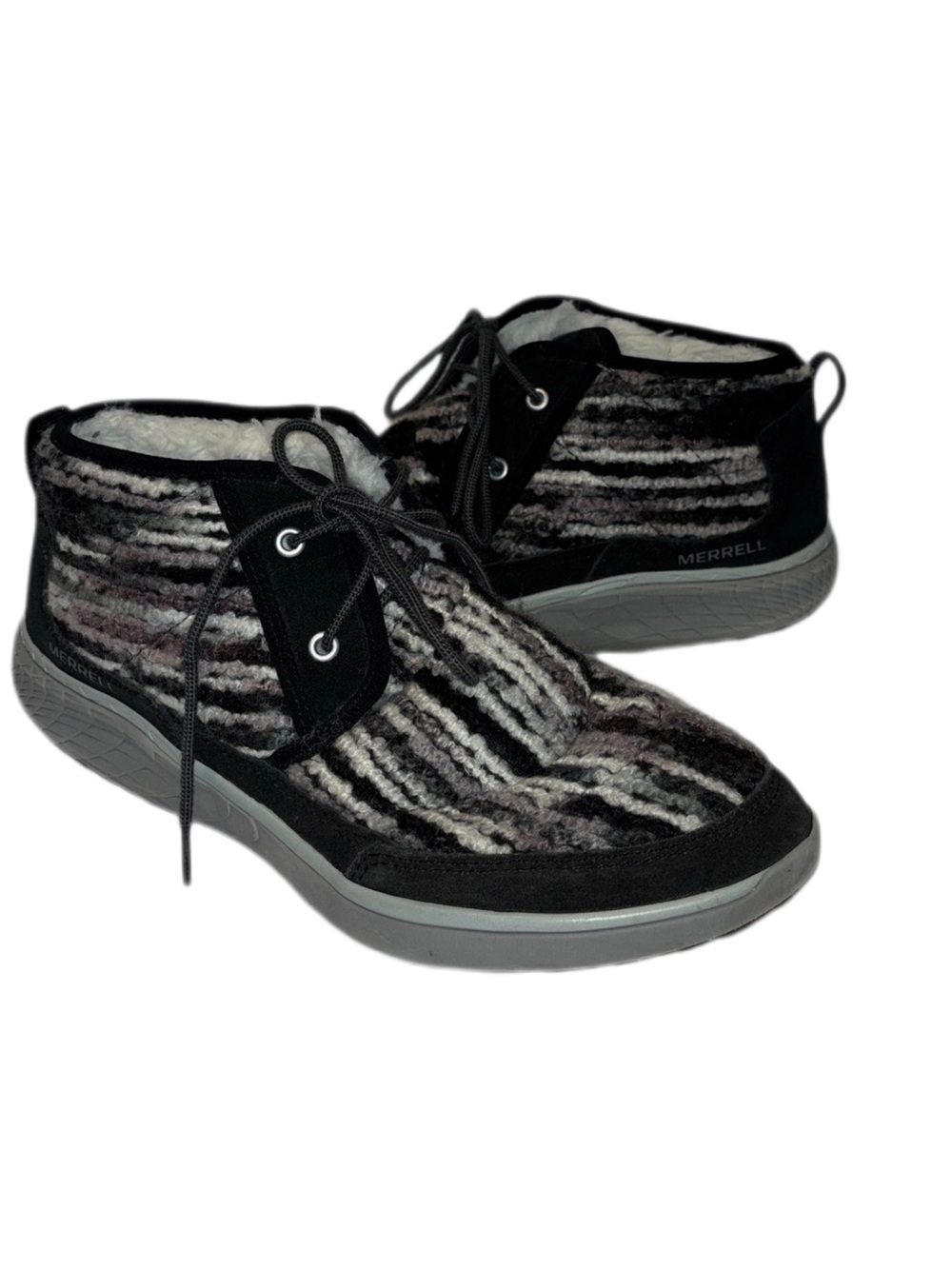 Merrell Pechora Mid Boots black & grey textured boucle-style pattern women's 10